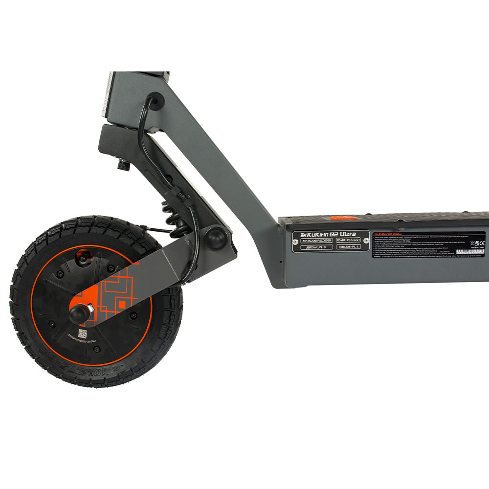 Close-up of the robust front wheel swingarm and frame section on a KuKirin G2 Ultra.