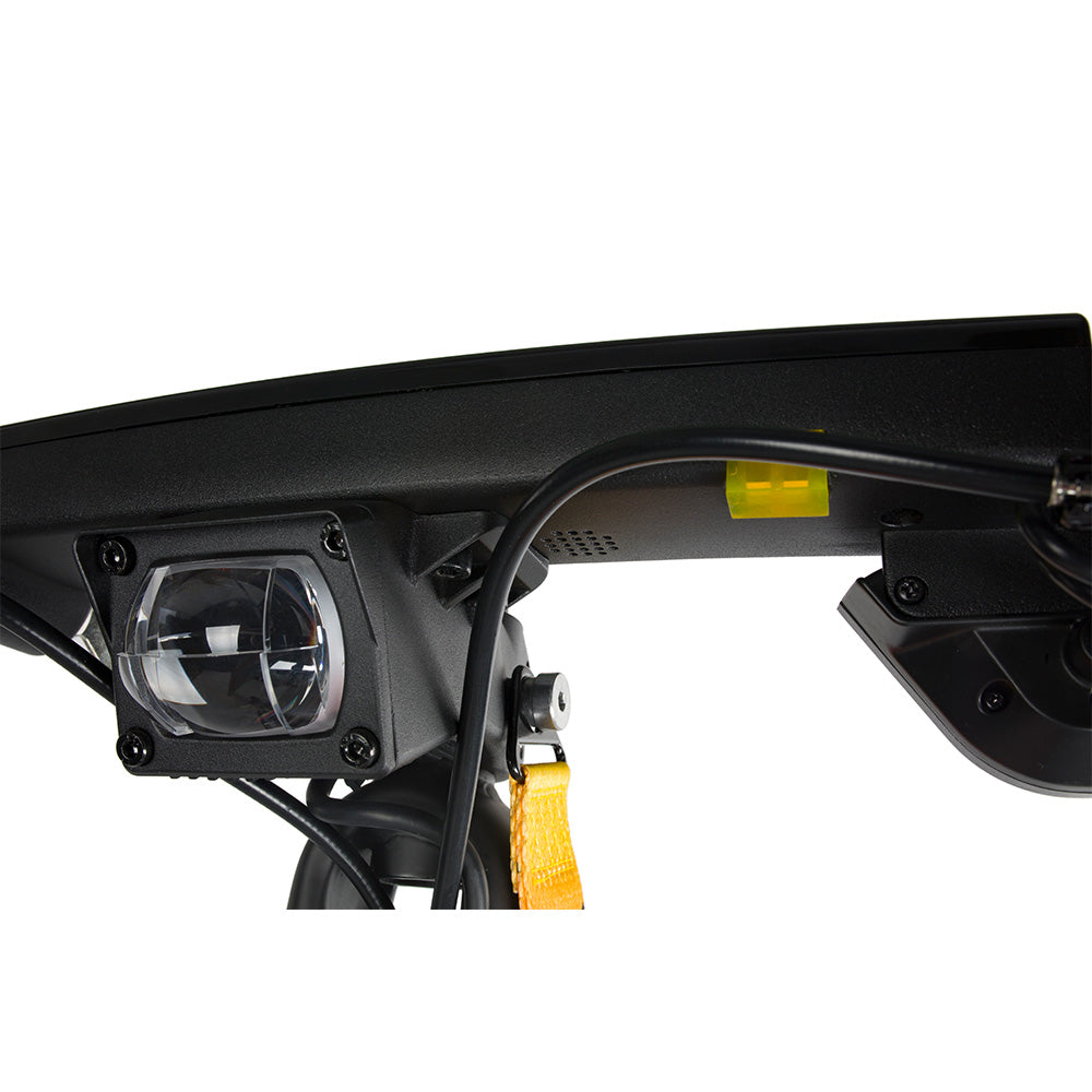 High-illumination front LED headlight assembly installed on the KuKirin G2 Ultra stem.