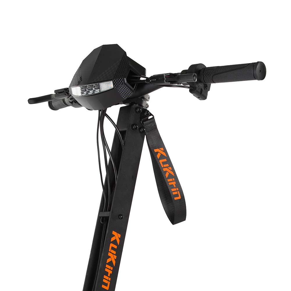 Close-up of KuKirin G4 handlebars with branded folding strap